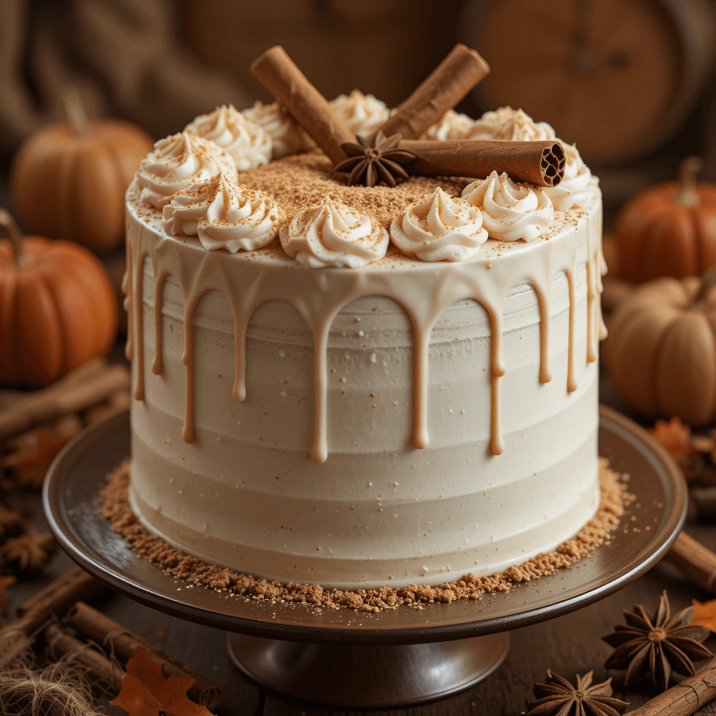 A chai spice cake with cream cheese frosting, decorated with cinnamon sticks and star anise, set in a cozy autumn or winter celebration setting.