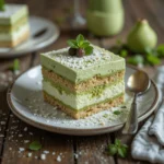 A beautifully styled plate of coconut matcha tiramisu with vibrant green matcha layers, topped with matcha powder, shredded coconut, fresh mint, and served on a rustic wooden table with natural lighting