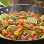 Close-up of a sizzling discada recipe in a large skillet with beef, chicken, bell peppers, onions, tomatoes, and cilantro, garnished with lime wedges and fresh cilantro.