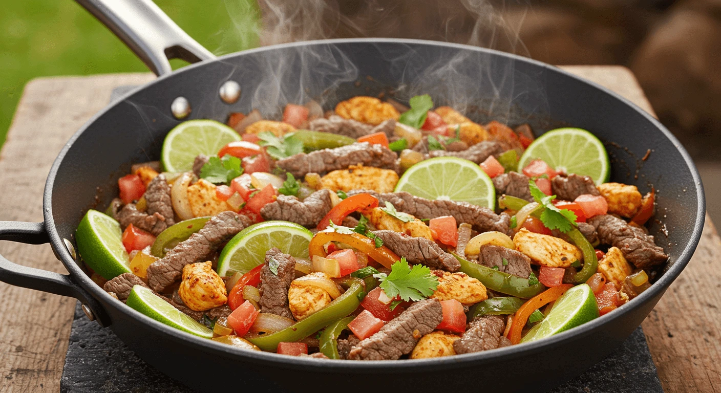 Close-up of a sizzling discada recipe in a large skillet with beef, chicken, bell peppers, onions, tomatoes, and cilantro, garnished with lime wedges and fresh cilantro.