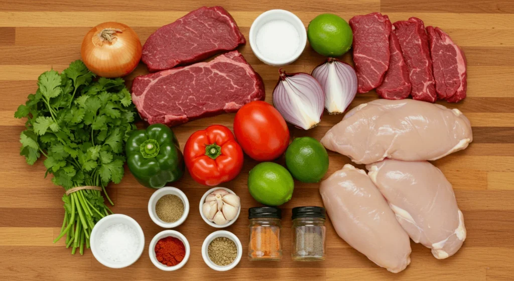 Fresh ingredients for a discada recipe, including beef, chicken, bell peppers, onions, garlic, tomatoes, cilantro, lime, and spices.