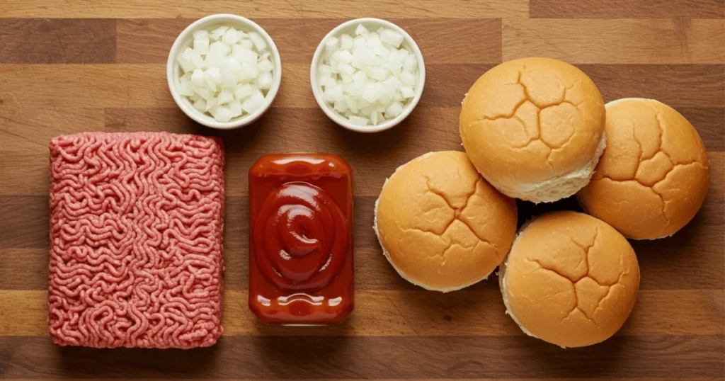 Three main ingredients for a Sloppy Joe recipe: raw ground beef, ketchup, and hamburger buns with optional onions and bell peppers.