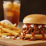 Close-up of a delicious easy Sloppy Joe recipe 3 ingredients sandwich on a soft bun with ground beef, ketchup sauce, and chopped onions, served with French fries.