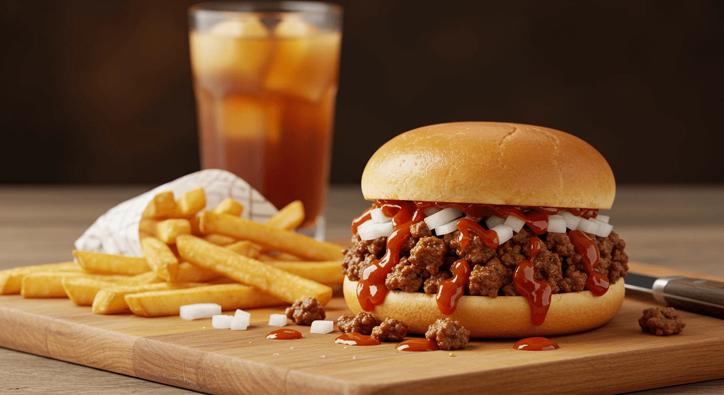 Close-up of a delicious easy Sloppy Joe recipe 3 ingredients sandwich on a soft bun with ground beef, ketchup sauce, and chopped onions, served with French fries.