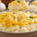 Creamy cheesy rice recipe with melted cheddar, mozzarella, and parmesan cheese, garnished with fresh parsley.