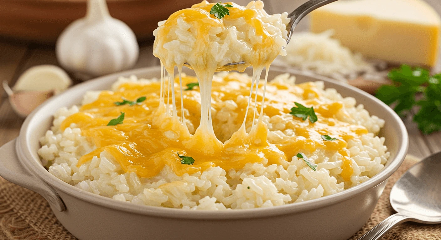 Creamy cheesy rice recipe with melted cheddar, mozzarella, and parmesan cheese, garnished with fresh parsley.