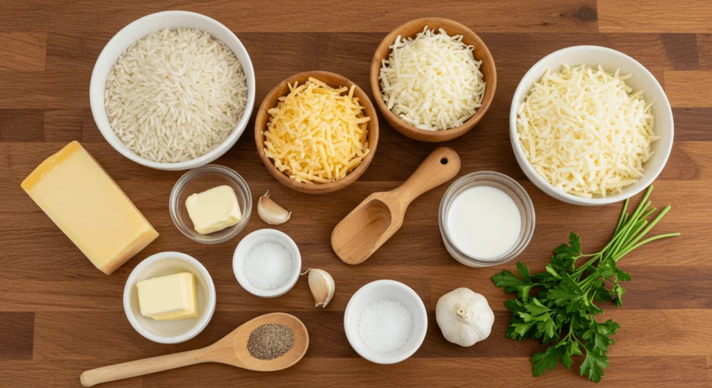 A flat-lay arrangement of ingredients for cheesy rice, including rice, cheddar, mozzarella, parmesan cheese, garlic, butter, and parsley.